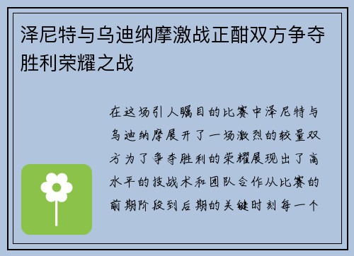 泽尼特与乌迪纳摩激战正酣双方争夺胜利荣耀之战