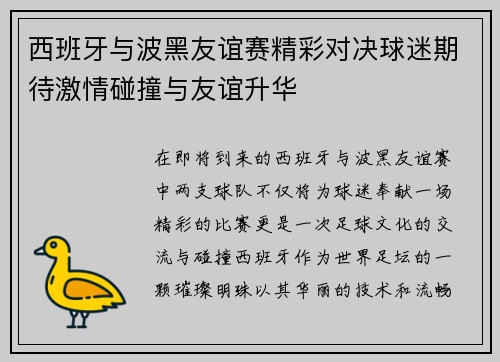 西班牙与波黑友谊赛精彩对决球迷期待激情碰撞与友谊升华